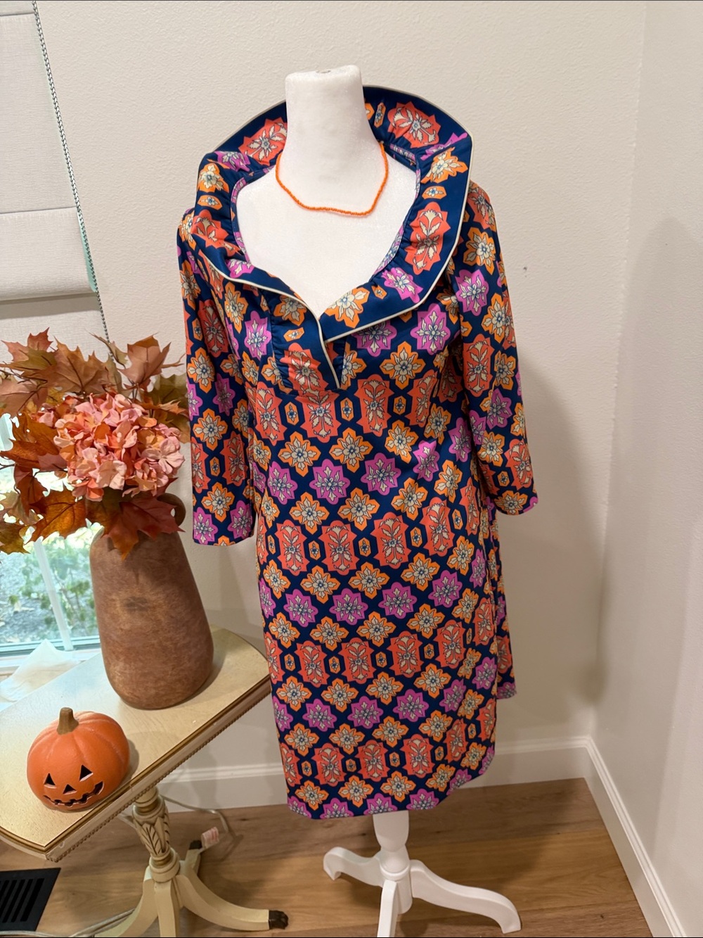 Gretchen Scott Designs Navy Midi Dress with Orange & Pink Medallions